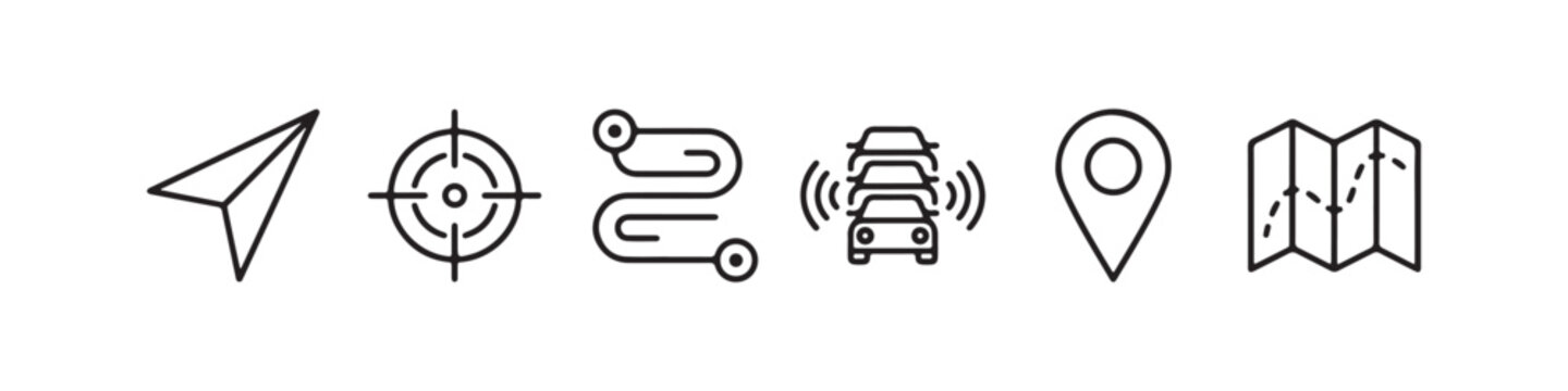 Navigation, Location, Route, Autonomous Cars, Pin, and Map Line Icons Set