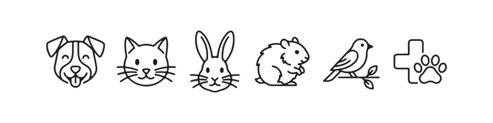Cheerful pet and veterinary outline icon set including a happy dog with tongue out, a cat, a rabbit, a hamster, a bird, and a medical cross with paw print © Ірина Гринюк