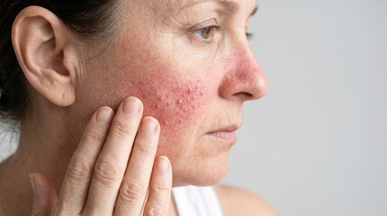 Fototapeta premium Side profile of mid adult woman with severe rosacea bumps and red skin on cheek