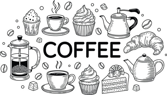 Coffee and bakery vector doodle set, cafe menu outline illustration with coffee drinks bread and pastry elements for restaurant branding.