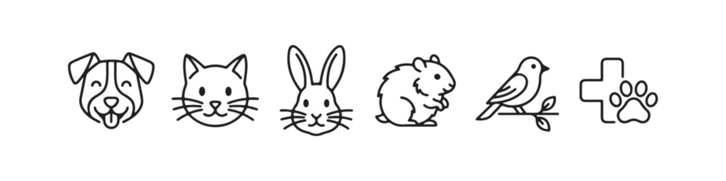Cheerful pet and veterinary outline icon set including a happy dog with tongue out, a cat, a rabbit, a hamster, a bird, and a medical cross with paw print