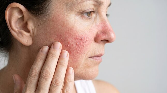 Side profile of mid adult woman with severe rosacea bumps and red skin on cheek