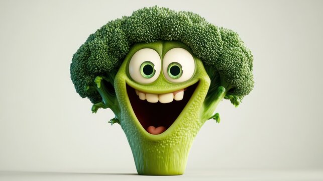 Smiling broccoli character against plain background. Possible use stock photo