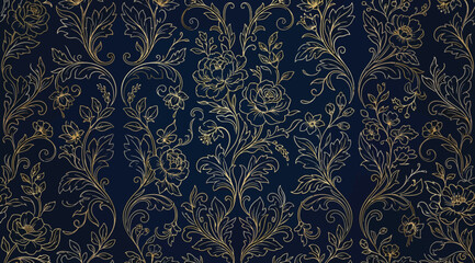 Damask style seamless pattern with gold floral elements on dark blue background © Saharia
