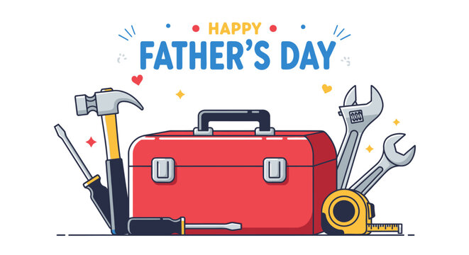 A happy father's day illustration of a red toolbox with various tools