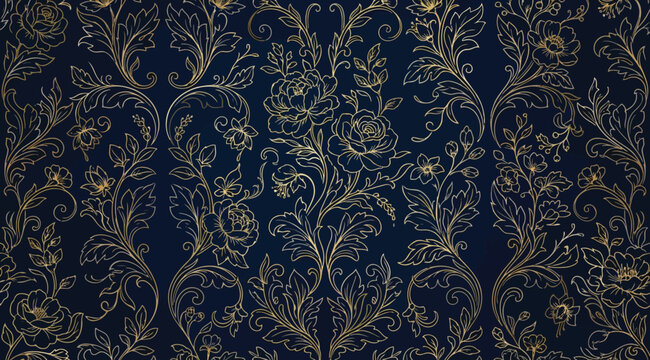 Damask style seamless pattern with gold floral elements on dark blue background