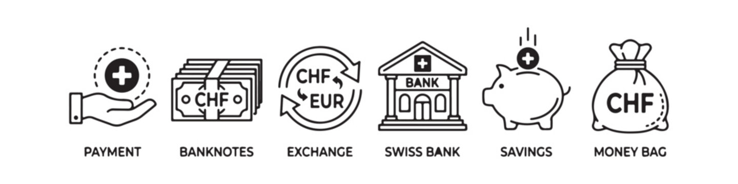 Swiss Franc Financial Services Outline Icon Set with Clear Labels