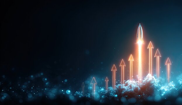 Fiery rocket ascent through smoky clouds with glowing upward arrows