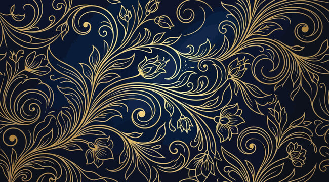 Luxury golden floral pattern on a deep blue background, elegant vintage damask wallpaper design