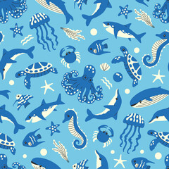 Sea Animals Underwater Seamless Pattern. Blue hand drawn Aquatic background with shark octopus whale seahorse dolphin turtle jellyfish fish seaweeds bubbles. Flat vector illustration © Marina