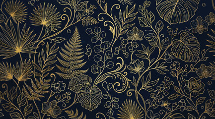 Seamless pattern with golden tropical plants and flowers on dark blue background © S.Siam