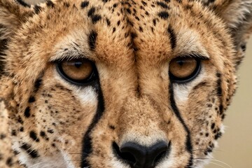 Intense close-up portrait of a cheetah staring directly at the camera, showcasing detailed spotted fur, amber eyes, and distinctive tear marks in sharp wildlife photography focus. © Umm Hamzah