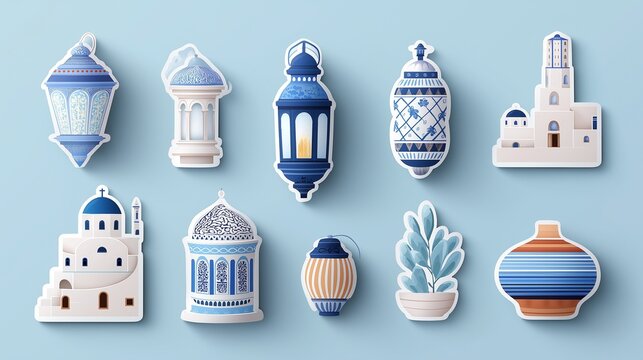 Colorful lanterns and decorative items against a soft blue background.