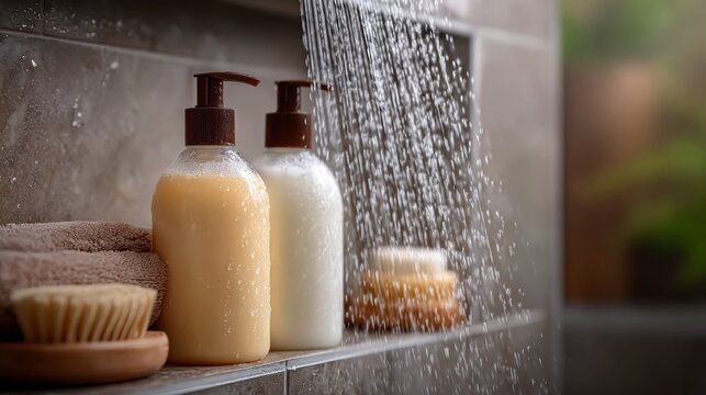 Two bottles of shampoo and conditioner on a shower shelf with water splashing.