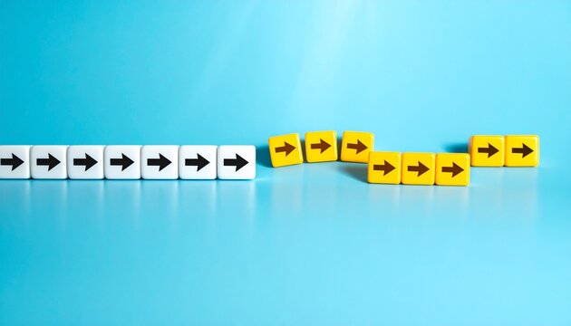 Yellow cubes misaligned among white arrows symbolizing deviation and change