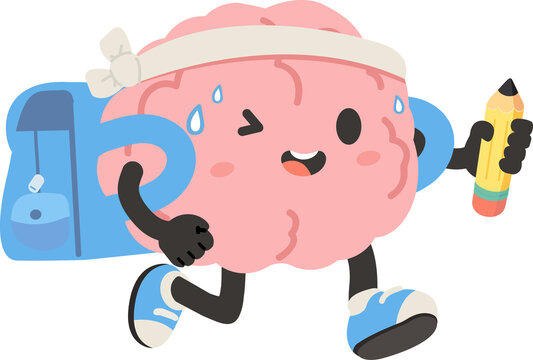 Cartoon brain character running with a backpack, representing active learning, education, motivation, and busy lifestyle. Ideal for school, creativity, and mascot themes.