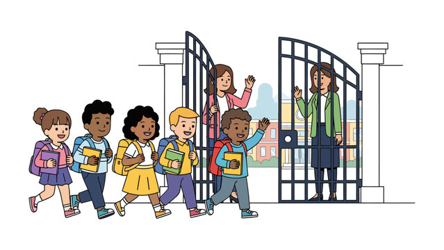 School Gate Welcome: A diverse group of cheerful children with backpacks walk through an open gate towards friendly teachers, ready to start a new day of learning and fun at school.