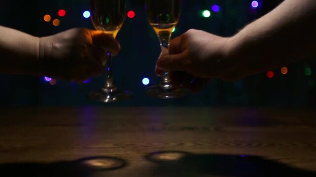 Two filled champagne flutes stand on a wooden bar at night as hands enter from both sides, grasp the stems, lift the glasses, and move into a toast, conveying celebration and connection.