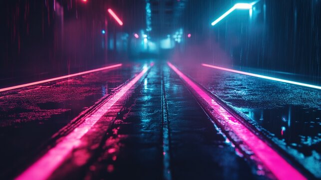 drama. Abstract night scene with neon reflections on wet asphalt, creating a moody cinematic atmosphere. travel magazines, destination branding, designed for travel destination branding.
