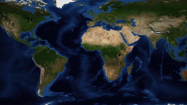 Animated Flight Route Map from Delhi India to Toronto Canada