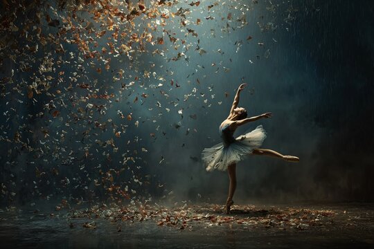 A graceful ballerina in a tutu dances elegantly amidst falling autumnal leaves and ethereal mist under a dramatic spotlight.