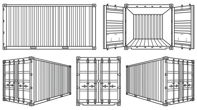 Shipping freight container set. opened and closed cargo containers.