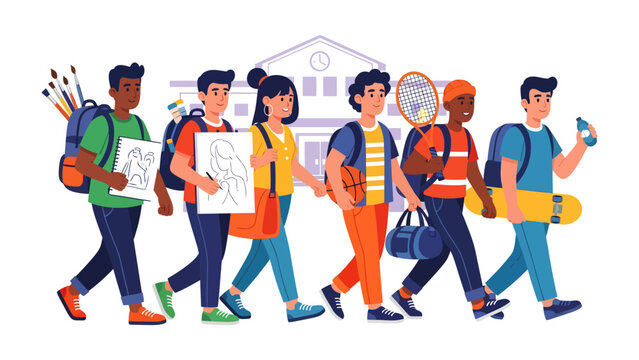 Student Parade: A diverse group of students, each carrying art supplies, sporting equipment, and bags, walk with purpose towards a school building.