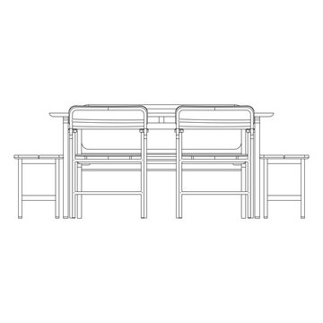 Front view of dining set with bench, chairs, and two stools in clean outline style, showcasing modern dining furniture arrangement.