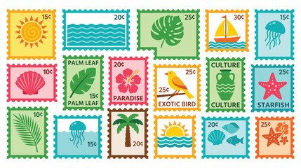 Collection of postage stamps featuring tropical themes and nature art. © Ojufa
