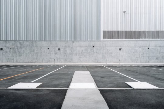 Stark, minimalist parking lot with industrial building backdrop