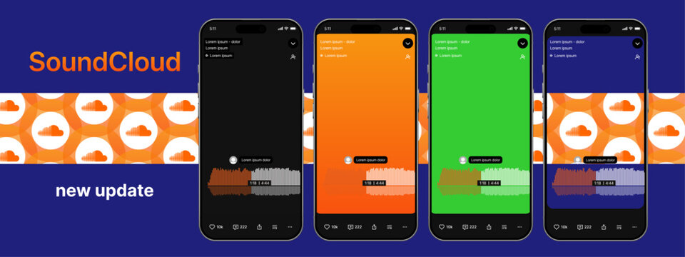 SoundCloud mobile UI mockup with waveform player, artist profile, music feed, and clean streaming design.