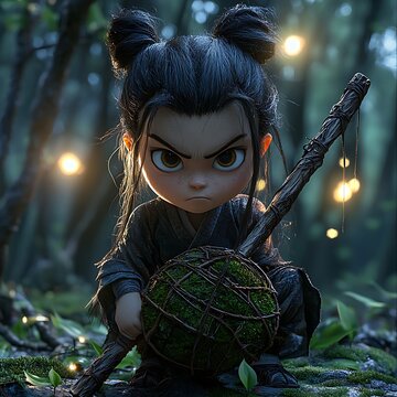 Cartoon ninja girl with turtle shell.