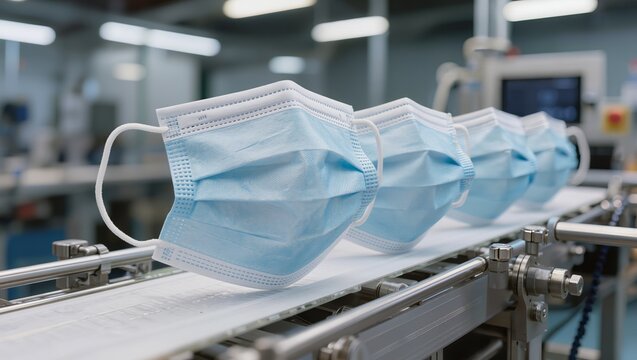 Automated conveyor belt producing blue disposable medical face masks inside a factory plant. Concept of protective equipment manufacturing, healthcare industry, and automation