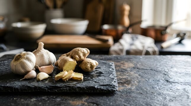 Fresh garlic cloves and ginger root slices on a stone board in a kitchen