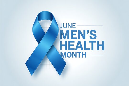 June mens health month with blue ribbon symbol for awareness prostate cancer and male health issues and support support support.