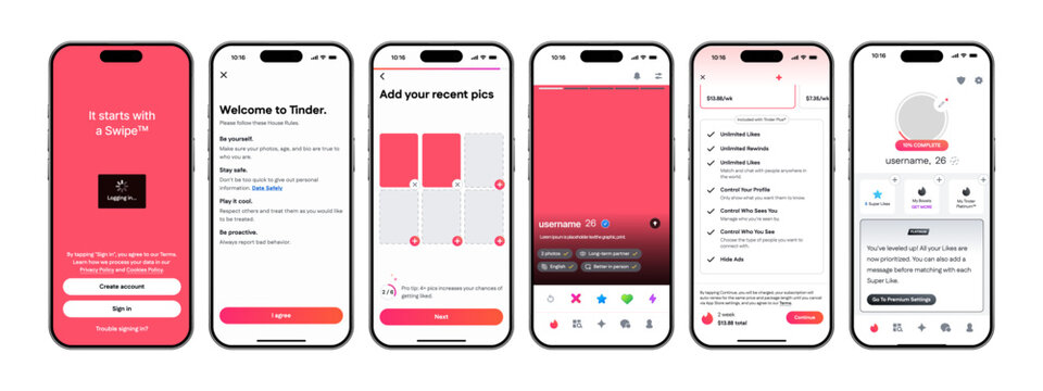 Tinder 2026 Mobile App UI Mockup Showing Swipe Cards Matches Chat Messages Notification Settings Profile Screens App Store Listing and iPhone Dating Interface.