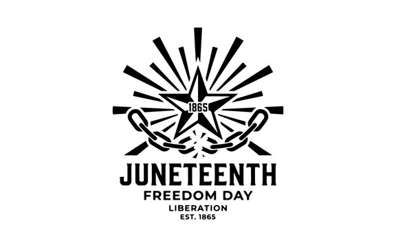 Black and white Juneteenth Freedom Day logo with a star, 1865, radiating lines, and a broken chain symbol.