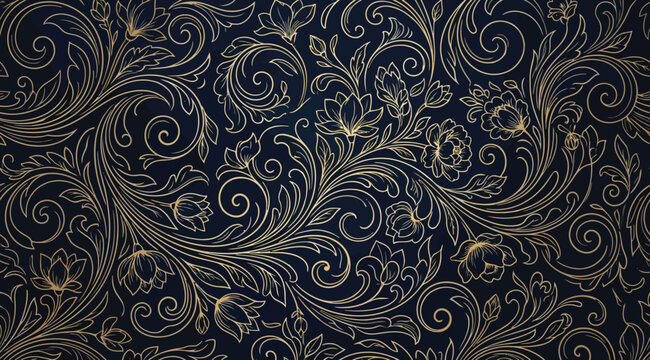 Elegant gold floral pattern on dark blue background, sophisticated botanical wallpaper design with intricate blooming flowers and flowing vine ornaments