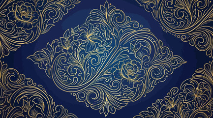 Luxury gold floral pattern with peonies and lilies on blue background © S.Siam