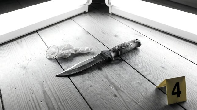 A crime scene marker with a knife and fingerprints on a wooden floor with a dramatic lighting effect.