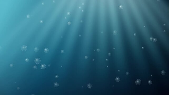 Deep Blue Underwater Background with Sunbeams and Rising Air Bubbles