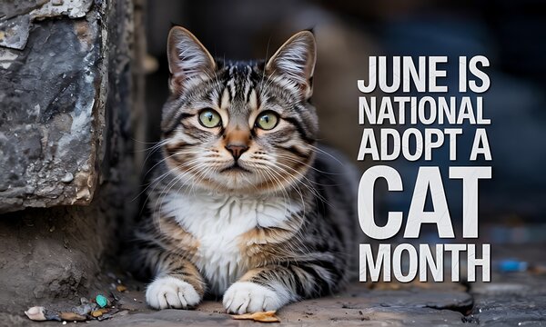 Cute tabby cat relaxing outdoors during national adopt a cat month celebration, promoting pet adoption.
