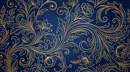 Intricate gold floral scrollwork pattern on deep blue background © S.Siam