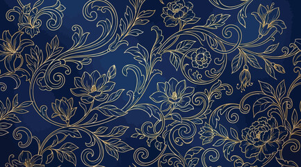 Obraz premium Seamless pattern with gold floral ornament on a deep blue background