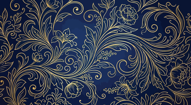 Intricate gold floral scrollwork pattern on deep blue background