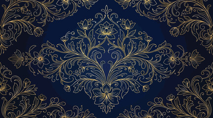 Elegant seamless damask pattern with golden floral motifs on blue background © S.Siam