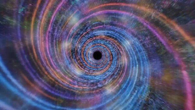 Mesmerizing psychedelic space tunnel with swirling colorful lights and a dark central void creating an abstract background