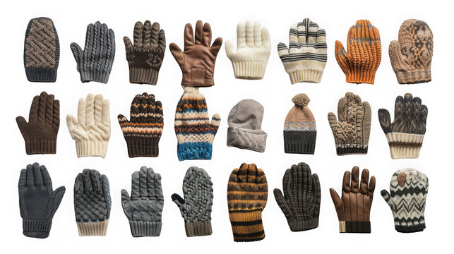Assortment of warm winter gloves and knitted mittens in various textures isolated on transparent background