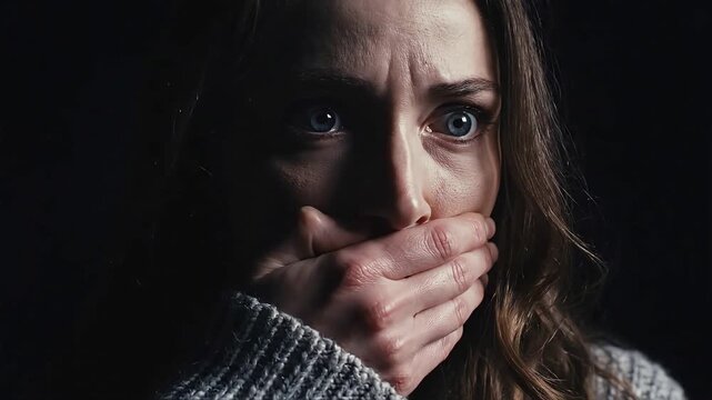 Woman covering mouth with hand in shadow.