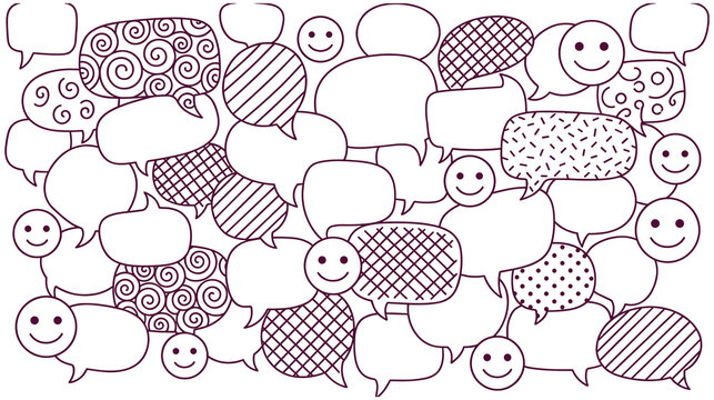 Speech bubbles and smiley faces doodle pattern with ornaments.